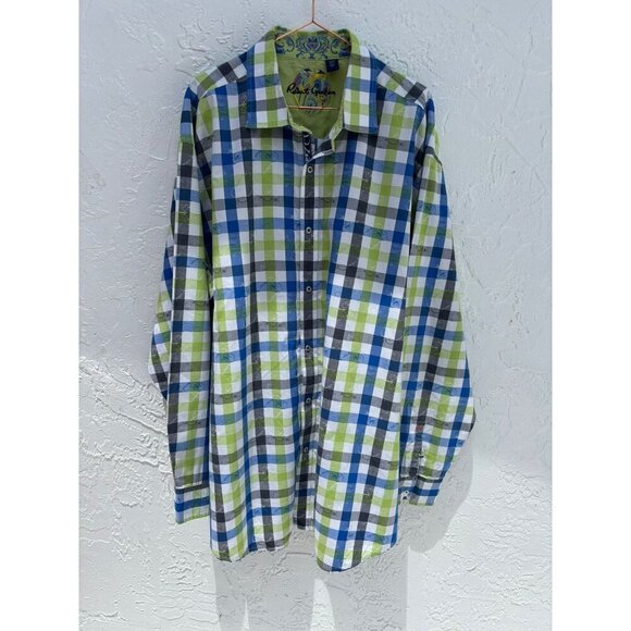 Robert Graham Mens Contemporary Fit Paisley Checkered Polo Blue Green Size 3XL - Picture 1 of 10